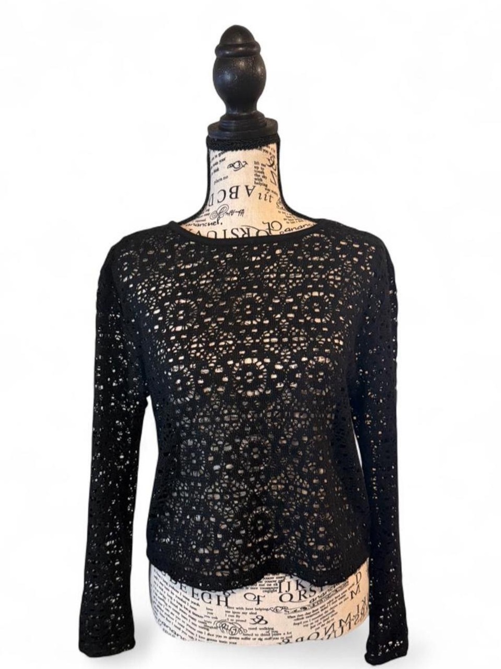 No Bo Black Crochet Long Sleeve Top